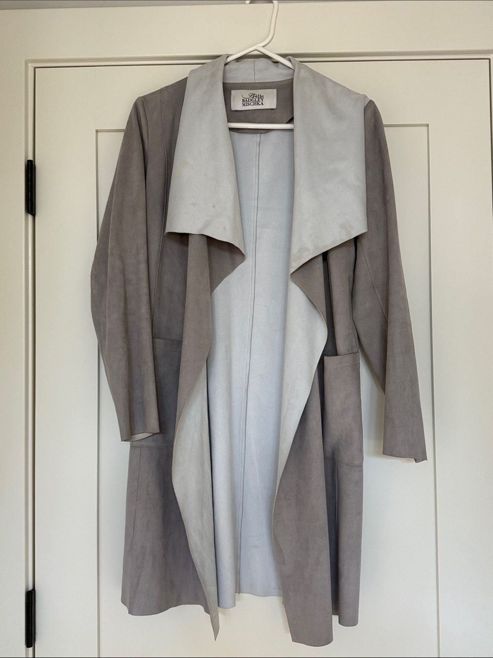 Badgley Mischka Two-Tone Gray Suede Waterfall Trench